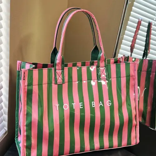 2026 New Glossy PVC Waterproof Striped Tote Bag, Commuter Tote, Casual Commuting Bag, Tote Bag For School, Large Capacity Lightweight Travel Shopping Bag, Mom Baby Outing Bag, Mommy Bag, Student School Bag