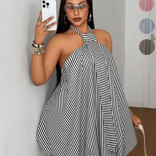 Plus Size Striped Halter Flower Bud Dress, Loose Shoulder Short Dress, Casual Summer, Beach Vacation, Date Night, Casual Beach Sundress