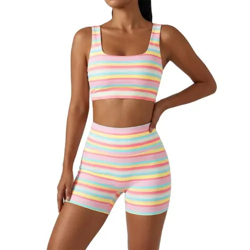 FISOEW Women’s Rainbow Stripe 2 Piece Workout Set Sleeveless Crop Tank Top High Waist Biker Shorts Matching Lounge Outfit
