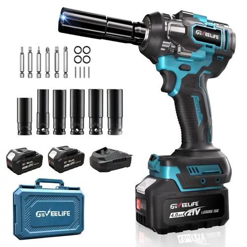 GEVEELIFE 1/2" Cordless High Torque Impact Wrench Kit - 700N-m Brushless Power Tool, Lightweight Impact Gun, Drill & Screwdriver, 4.0Ah Batteries, Fast Charger, 4 Sockets for DIY Enthusiasts (Lawn Mower Compatible), Copper Motor