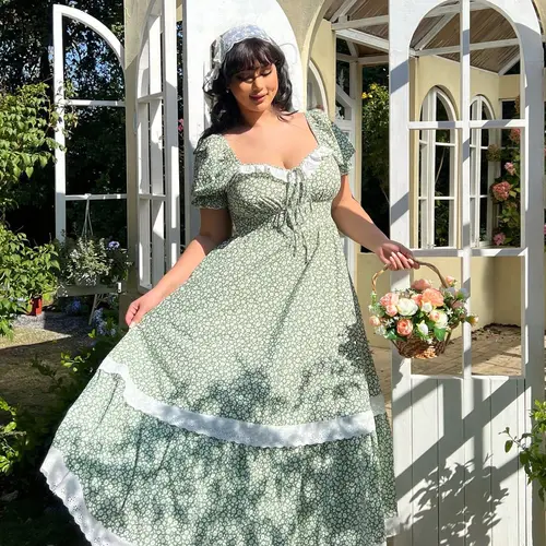Plus Size Women's Boho Pattern Vintage Floral Embroidery Ruffled Bubble Sleeve Long Dress, Elegant, Chic and Feminine, Comfortable, Perfect for Casual Wear, Bohemian Style Sundresses, Bohemian Boho Summer, Boho Fashion