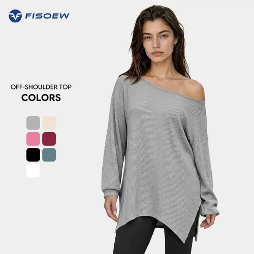 Fisoew Fashion Women's Off The Shoulder Ribbed Tunic Top, Asymmetrical Neck Long Sleeve Oversized Loose Casual Sweater Shirt,back to school,back to school shopping
