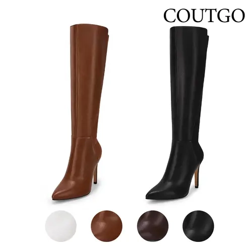 Coutgo Women's Knee-High Heels, Sexy Pointed Toe Stiletto Faux Leather Dress Boots with Secure Zip Closure, Breathable Lightweight Minimalist Footwear Fashion, Plain Synthetic Rubber Mid-Calf Casual All-Season Shoes, Stilettos