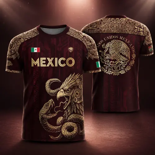 Mexico Soccer Jersey, Unisex Streetwear Top with Aztec Eagle Graphic in Burgundy Gold, Short Sleeve Football Fashion for Game Day Watch Party