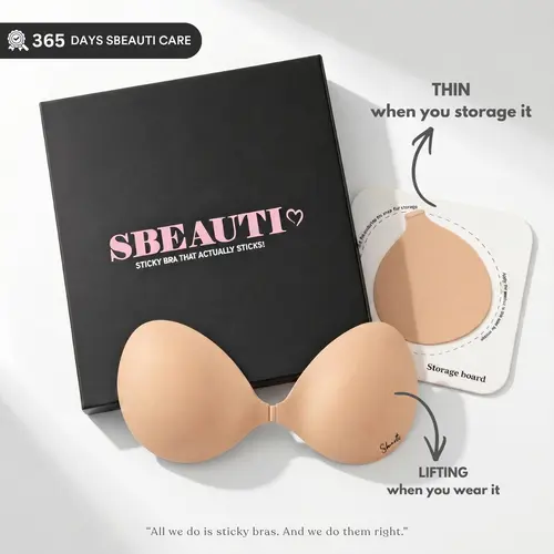 SBEAUTI Waterproof Sticky Bra, Push up Strapless bra, Seamless Backless Sweat proof Invisible Bra, Reusable Sticky Bra for Women, Includes Storage Board  Replaceable Pads For Party Wedding Deep V Low cut Backless Off shoulders
