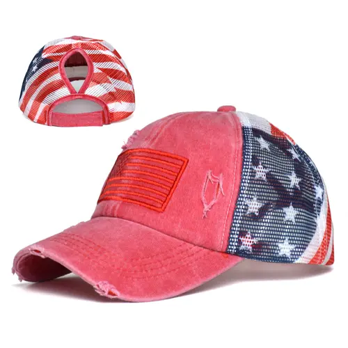 Women’s Distressed Embroidered Washed Cotton Baseball Cap - Casual Hat with Ponytail Opening, USA Flag Patch, Adjustable Snapback, Mesh Back - Vintage Summer Sun Hat for Outdoor Sports