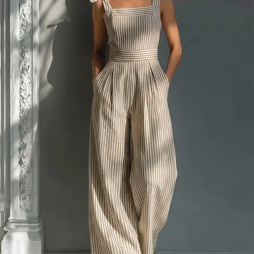 Women's Camel Striped Textured Slip Jumpsuit, Tie Shoulder Straps Design, Waist-Cinching Slim Fit for Spring/Summer