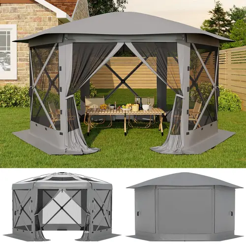 Garvee 6-Sided Pop Up Outdoor Gazebo Tent - Instant Easy Setup Camping Canopy Shelter with Mosquito Netting, Removable Wind Cloths, Adjustable Metal Frame, Ground Stakes - Heavy-Duty Windproof UV-Resistant Sun Protection for Outdoor Patio, Camping
