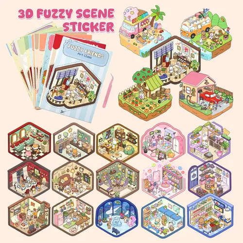 20 Sets DIY 3D Scene Decorative Cartoon Cute Stickers - Fuzzy Friends Character Cards with Instructions, Tweeze, for Adult Creative Play, Baby Shower Crafts, Scrapbook Supplies, DIY Art Stickers, Handmade Crafts, Fuzzy Animals