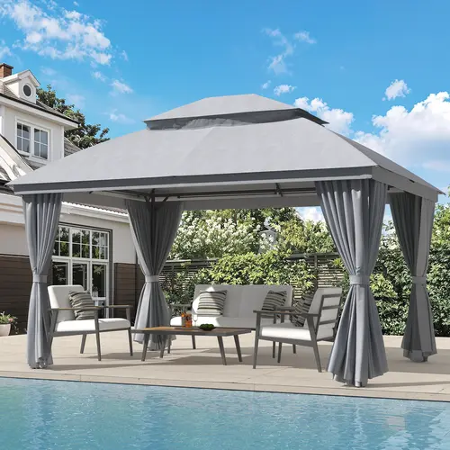 Onbrill 10×13 FT Sturdy Steel Iron Gazebo - Heavy-Duty Metal Frame Double Roof Shade Canopy with Mosquito Netting, Effortless Curtains Glide Smoothly, Stakes, Assembly Required, Wind Ventilation Cover for Backyard, Patio Use