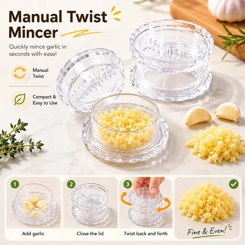 Manual Garlic Twister & Mincer, Compact Garlic Grinder for Garlic, Ginger, Onion, Herbs and Nuts, Clear Kitchen Prep Gadget