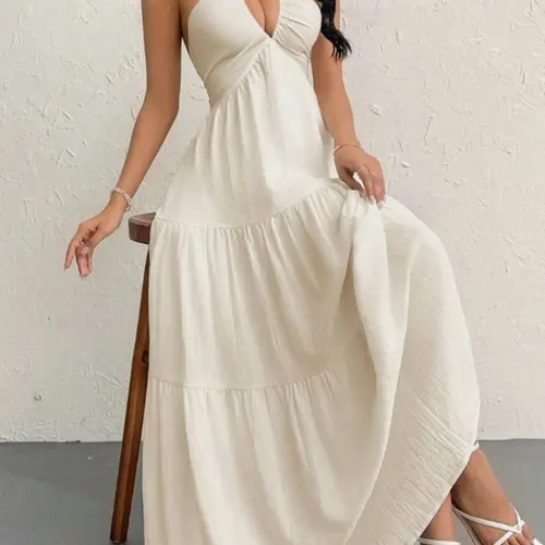Women's Beach Vacation V-Neck Tie Back Strapless Sleeveless Flowy Dress, Beachwear, Casual Wear, Stylish Summer, Perfect for Poolside & Resort Wear, Comfortable & Chic Design