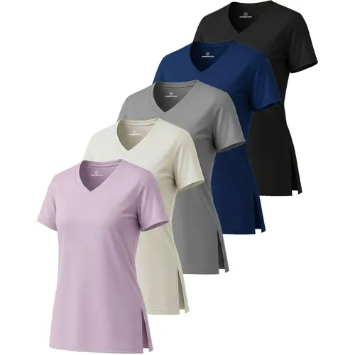 Real Essentials 5 Pack: Women's Short Sleeve Split Hem V-Neck T-Shirts, Athletic Tops, Gym, Workout, Yoga, Activewear (Plus) Fitness Shirt Fitness Exercise Wear
