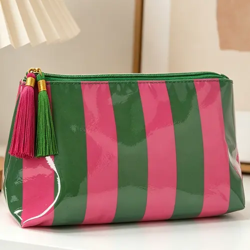 2026 New PVC Striped Makeup Bag, Fringe Zipper Cosmetic Organizer, Waterproof Travel Washbag, Stylish and Functional Design, Makeup Pouch, Cosmetic Bags