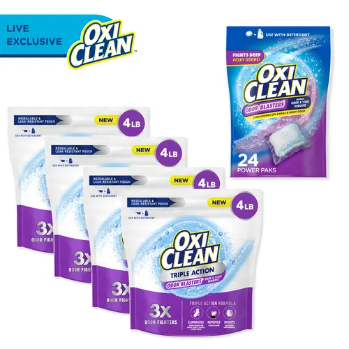 OxiClean LIVE Triple Action Odor Blasters Laundry Powder, 4lb + Odor Blasters Power Paks 24ct