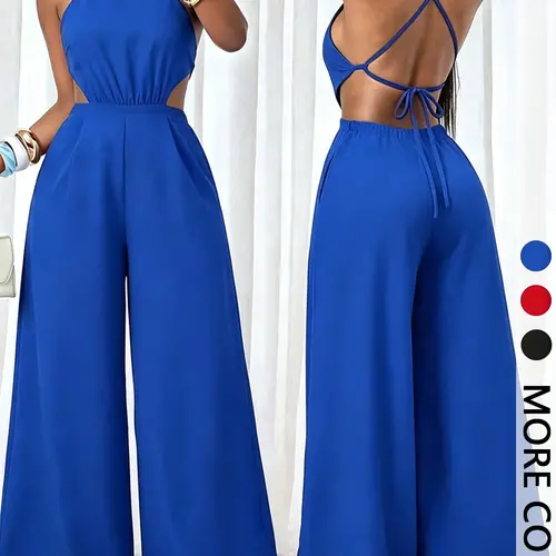 1 Piece Women's Woven Jumpsuit, Halter Neck, Crisscross Back Tie, Backless, Waist Cutout, Wide Leg Pants, Party Evening Vacation Wear, Lightweight Breathable Flowy