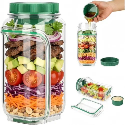 Salad Jar Salad Pod with Side Opening,Salad Jar with SideAccess for Lunch. Portable Salad DressingContainer with Lid,Leakproof Dressing Compartment for Travel
