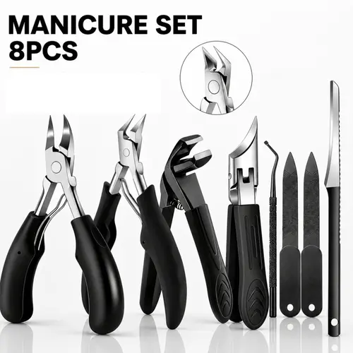 8PCS Professional Stainless Steel Toenail Clipper Set for Thick, Ingrown Nails - Heavy-Duty Kit with Angled Blade, Nail File for Seniors Men & Women