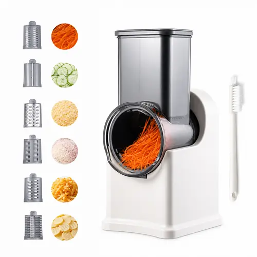 SYINTAO 6-in-1 Electric Vegetable Chopper with 6 Stainless Steel Metal Blades, 1-Touch Operation, Vegetable Shredder, Cheese Grater & Smooth Easy-to-Clean Kitchen Utensil for Potato, Carrot, Cucumber