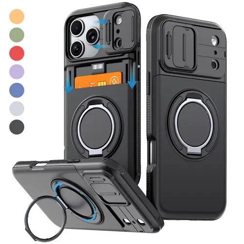 OREKROY For iPhone 17 Pro Max 17 Pro 17E Card Holder Wallet Case with Camera Lens Cover, 360° Rotating Ring Kickstand, Hybrid Dual-Layer Heavy Duty Shockproof Phone Cover for iPhone 12/13/14/15/16/17 Pro Max Plus,back to school,back to school haul