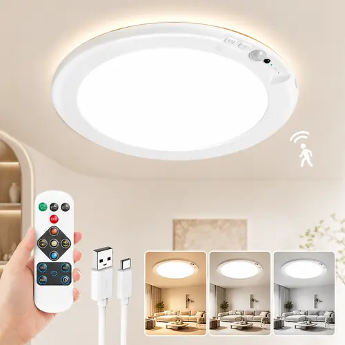 Rechargeable Motion Sensor Ceiling Light with Remote, Battery Operated Closet Light No Wiring, Wireless LED Shower Lights, 3 Colors Dimmable Indoor Overhead Lamp for Closet Shower Pantry Shed Hallway
