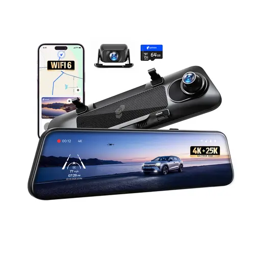 Pelsee S12 Telephoto Dashcam, Native 4K + 2.5K (1440p) Rear View Mirror Camera with 8MP Sensor, Color Night Vision, Wi-Fi 6 30MB/s Download, GPS, 64GB Card, Dual Record Backup Camera for SUVs, Trucks