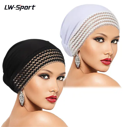 1Pc/2Pcs Lace Trim Hijab Undercap for Muslim Women, No Slip Breathable Mesh Stretch Under Scarf Cap, Soft Full Coverage Turban Cap for Chemo Hair Loss Wig Grip Daily Wear
