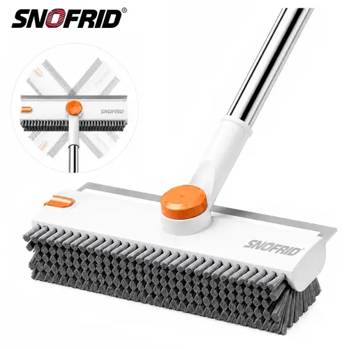 Snofrid 3-in-1 Heavy Duty Stiff Bristle Floor Scrub Brush - 54-in Adjustable Handle Eases Back Strain, Multipurpose Cleaning Tool with Scraper, Interior Cleaning Brush Brooms for Bathroom, Patio, Cleaning Supplies (Orange&White), 360° Deep Clean