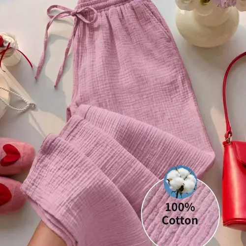 Women’s 100% cotton loungewear pants featuring a ruched design, elastic waistband, and cloud-like softness and breathability in wide legs. Lightweight, skin-friendly, comfortable, loose fit—ideal for everyday wear, sleeping, vacations, and shopping.