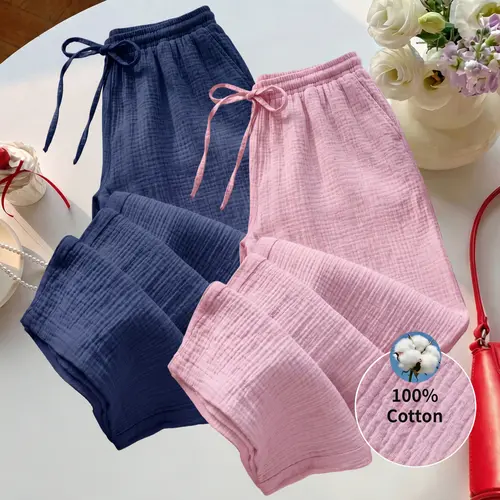 Women’s 2-pack 100% cotton casual pants for home wear, featuring a ruched textured pattern, elastic waistband, wide-leg fit, cloud-like softness and breathability, skin-friendly, comfortable, and loose—suitable for all-day wear, sleep, vacations, and shop