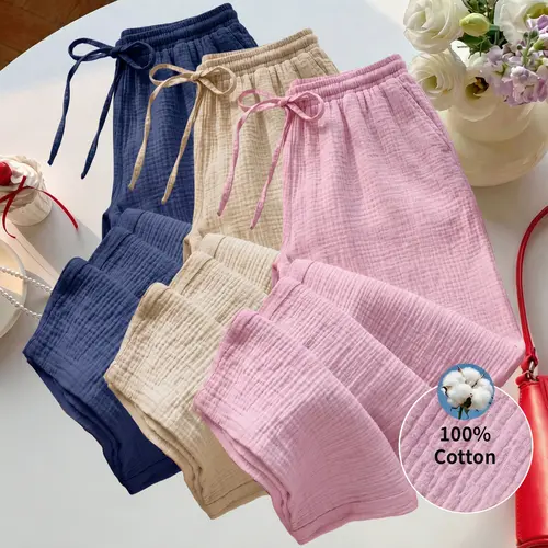 Women’s 3-pack 100% cotton casual pants for home wear, featuring a ruched textured pattern, elastic waistband, wide-leg fit, cloud-like softness and breathability, skin-friendly, comfortable, and loose—suitable for all-day wear, sleep, and shopping.