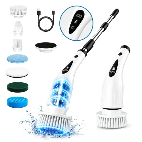 2026 Upgraded Wireless Battery-Powered Spin Scrubber with LCD Display, 8 Replaceable Brush Heads, 3-Speed Settings, Extendable Handle, IPX7 Waterproof, 330-390 RPM Spin - Home Cleaning Tool for Bathroom, House Cleaning