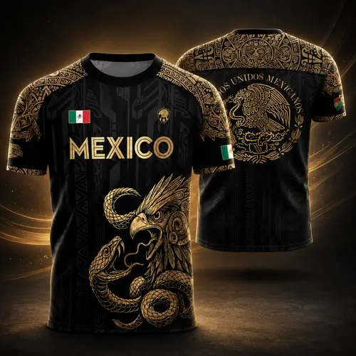 Mexico Inspired Soccer Jersey, Unisex Athletic Top with Gold Aztec Graphic and Eagle Snake Emblem, Dark Green Breathable Fashion Jersey, Jersey Shirts, Sports Tees
