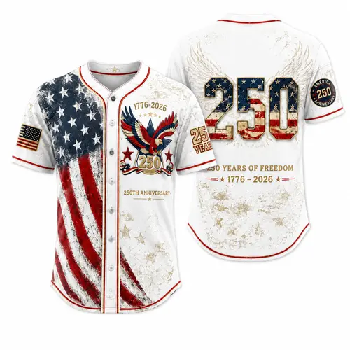 USA 250th Anniversary Baseball Jersey, Unisex Vintage Patriotic Button Down Shirt with Distressed American Flag & Eagle Graphic for 4th of July, Fourth Of July Outfits