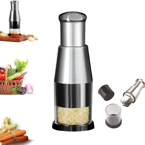 Multifunctional Stainless Steel Garlic Chopper, Onion Press, Manual Vegetable Chopper, Easy Clean, Silver
