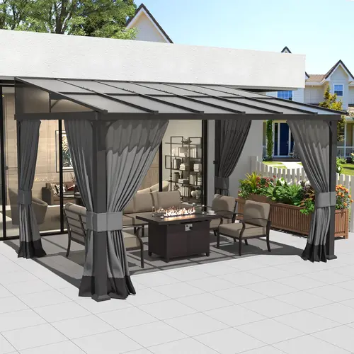 [3 packages delivery]Kullavik Hard Top Lean to Gazebo, Wall Mount Heavy Outdoor Gazebo with Curtains and Netting