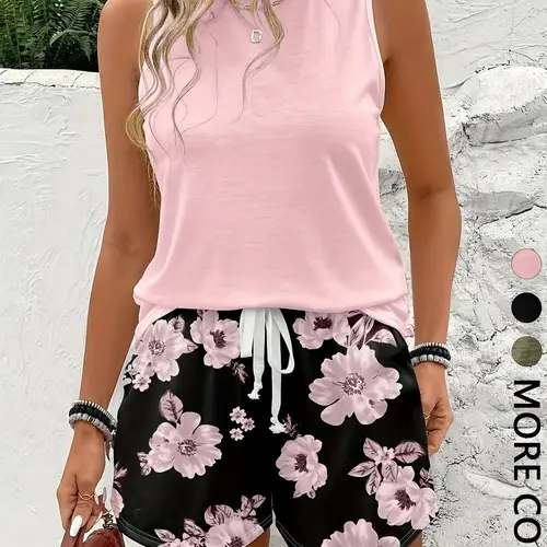 1 Set Women's Knit Matching Two-Piece Set, Solid Color Sleeveless Tank Top, Ditsy Floral Print Elastic Waist Drawstring Shorts, Daily Casual Loungewear Vacation Wear, Soft Stretchy Breathable, Sweet Casual Style, Summer Matching Sets