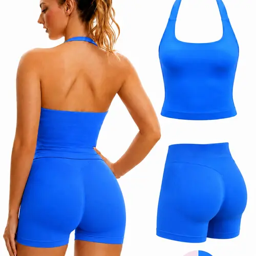 Women's Seamless Yoga Set with Detachable Pads, Halter Backless Top & High-Waist Shorts, Breathable Fabric, Workout & Fitness Clothing, Sports Wear Set
