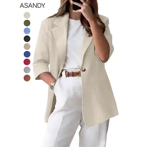 ASANDY Women's Casual Style Linen Blend Blazer, a Lightweight Open Front Suit Jacket with 3/4 Sleeves for Office Wear, Fabric, Polyester, Button, Normal Type, Essential, Lady, Basic