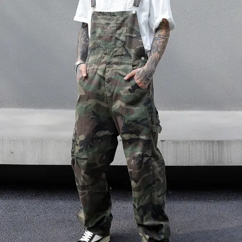 Men's Casual Camouflage Print Soft 100% Cotton Retro Bib Overalls - Menswear with Baggy Streetwear Fit, Adjustable Straps, Cargo Pockets