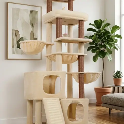 DESKAT Modern 63-Inch Freestanding Cat Tree for Large Breeds, Multi-Level Tower with 2 Condos, 3 Hammocks, Sisal Scratching Posts & Board, Supports Claw Health & Climbing Space for 4+ Indoor Cats