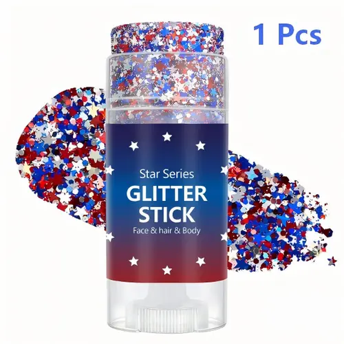Red White Blue Star Glitter Stick, Body Face Hair Shimmer Gel Stick, Portable Sparkle Makeup for Party & Daily Use, 1 Pack