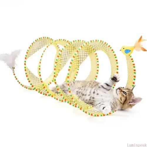 Spiral Tunnel Cat Toy - 20in Widened, Spacious Fit Mesh Fabric Indoor/Outdoor Interactive Play Accessory with Feather, Bell, Durable Collapsible Design for Indoor Cats, Small Pets
