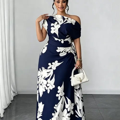 Women's Plus Size Floral Print Dress, Asymmetrical Shoulder High Waist Fitted Long Dress, Elegant Party & Business Event Wear