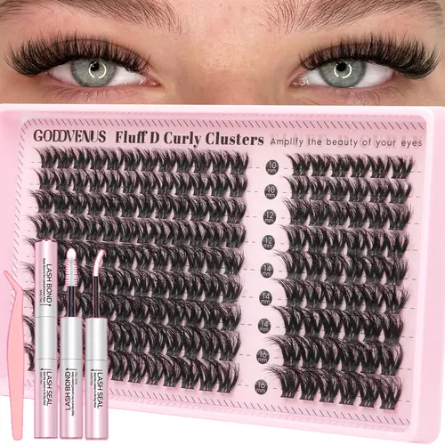 Goddvenus Filter Lash Clusters Russian Volume D Curl Wispy Eyelash Clusters for Big-Eye Filter Effect, Rich & Glamorous Fluffy Individual Lashes 10-16mm, DIY Cluster Eyelash Extensions That Still Feel Lightweight