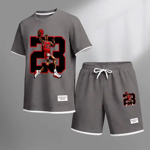 Men’s No. 23 Basketball Player Graphic Waffle Knit Set – Short-Sleeve Shirt & Shorts Two-Piece Outfit, Casual Summer Athletic Streetwear