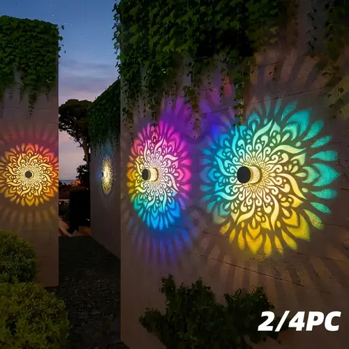 2pcs Solar Mandala Projector - Outdoor Waterproof Wall Lights, 7-Color Changing Metal Fence Decor, Water Resistant Home Decor Essentials, Father's Day Gift Option, Light