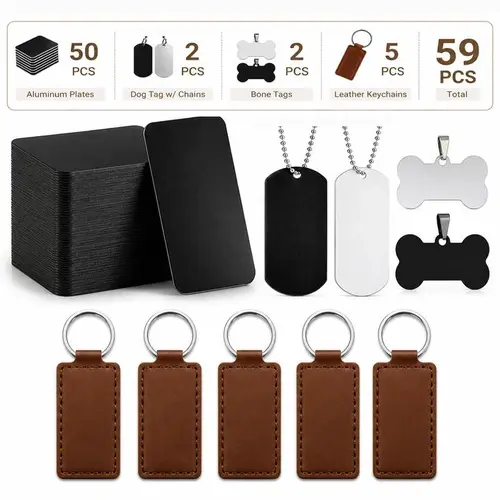 59PCS Laser Engraving Hand Crafting Kit for Laser Engraver-Cutter - Leather Products, 5 Leather Keychains, 2 Keychain Tag Sets, 50 Metal Aluminum Sheets, Stainless Steel Blanks for DIY Crafts, Personalized Gifts