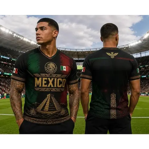 FullAztec Pyramid & Mexico Flag Gradient Full Print Soccer Jersey, Patriotic Black Gold Football Short Sleeve Shirt, Game Day Outfit, Ideal Gift for Men Women Kids#MexicoSoccerJersey#MexicanPatrioticFootballTop#AztecPyramidSoccerShirt#GameDayOutfit