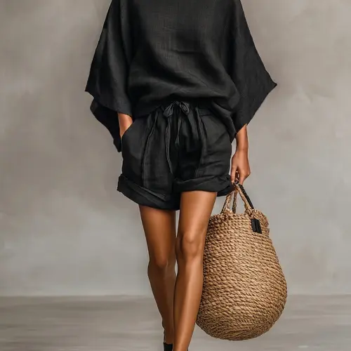 Spring Summer New Women's Loose Batwing Sleeve Top with Wide Leg Shorts, Casual Elegant Chic Minimalist Vacation Style, Comfortable and Stylish Clothes Aesthetic